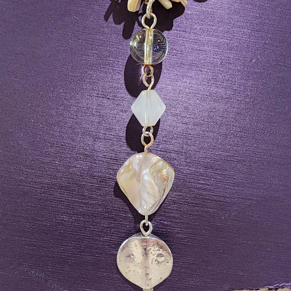 Abalone Shell Clear Glass Bead and White Bead Y Lariat Style Gold Necklace
